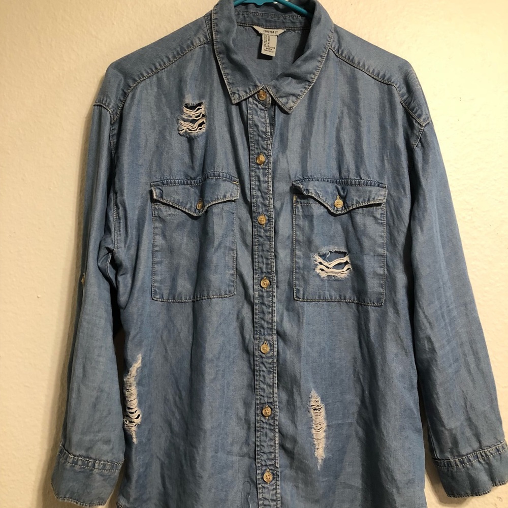 Distressed Denim Button Down
